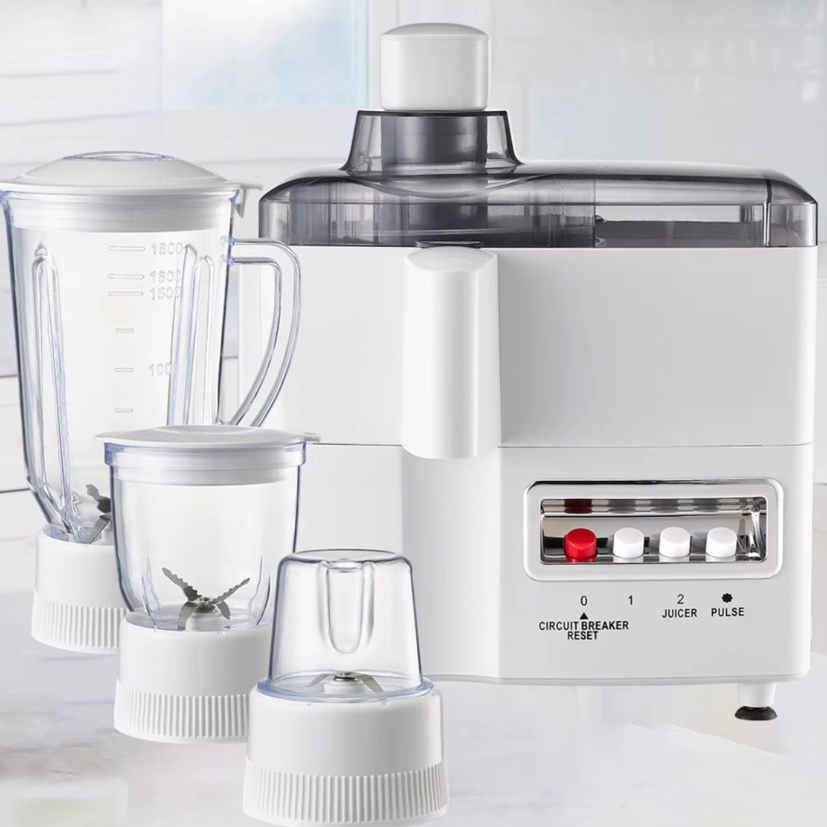 4 en 1 Extractor, licuadora 1.5 l, picadora y molino de cafe y granos