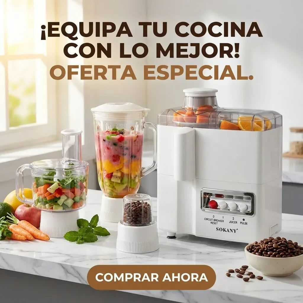 4 en 1 Extractor, licuadora 1.5 l, picadora y molino de cafe y granos